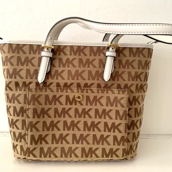 Michael Kors Brown Signature bag Monogram Tote Gold Hardware and White Trim NEW - Picture 3 of 13